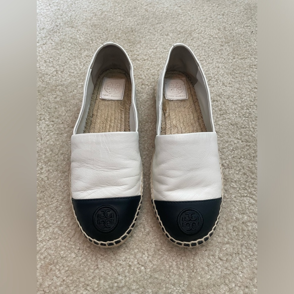 Tory Burch Colorblock Black and White Leather Espadrilles - Picture 2 of 9